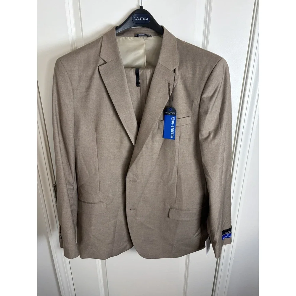 NWT!! $239 Nautica Mens 2-Piece Modern Fit Active Stretch Solid Suit Tan 48L 43W